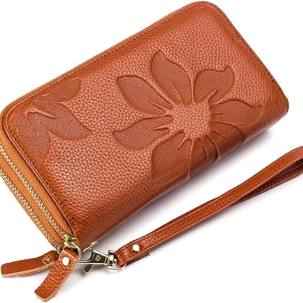 Women's Leather RFID Wallet with Double Zipper, Credit Card Slots, Cash Compartm